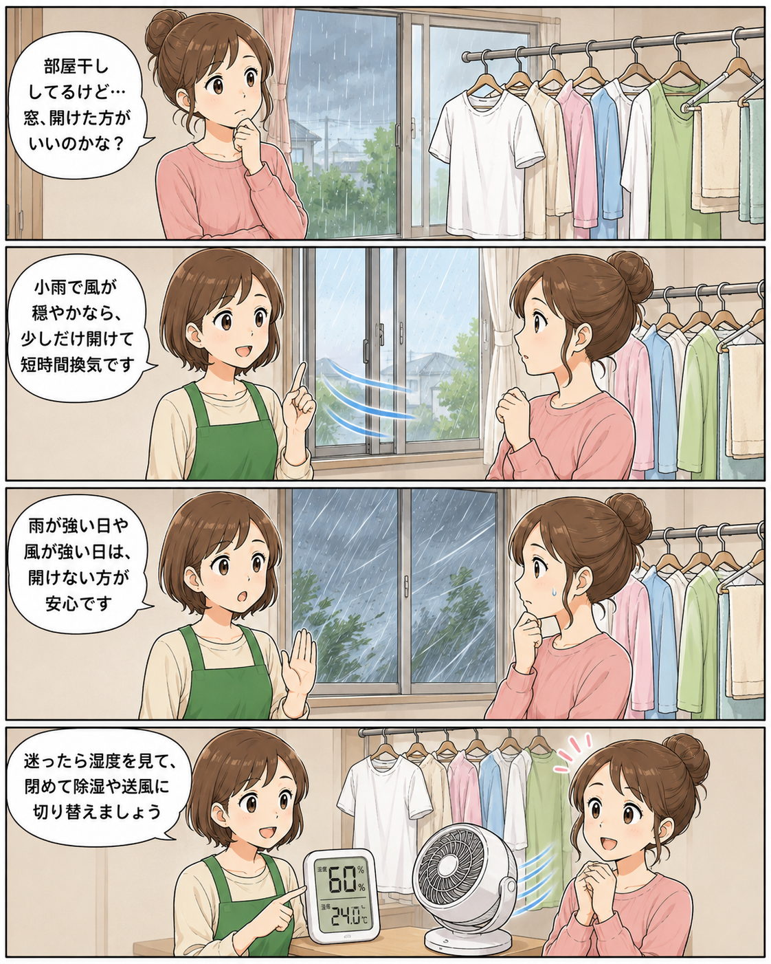 梅雨の部屋干しで窓を開けるか、雨・風・湿度から判断する4コママンガ