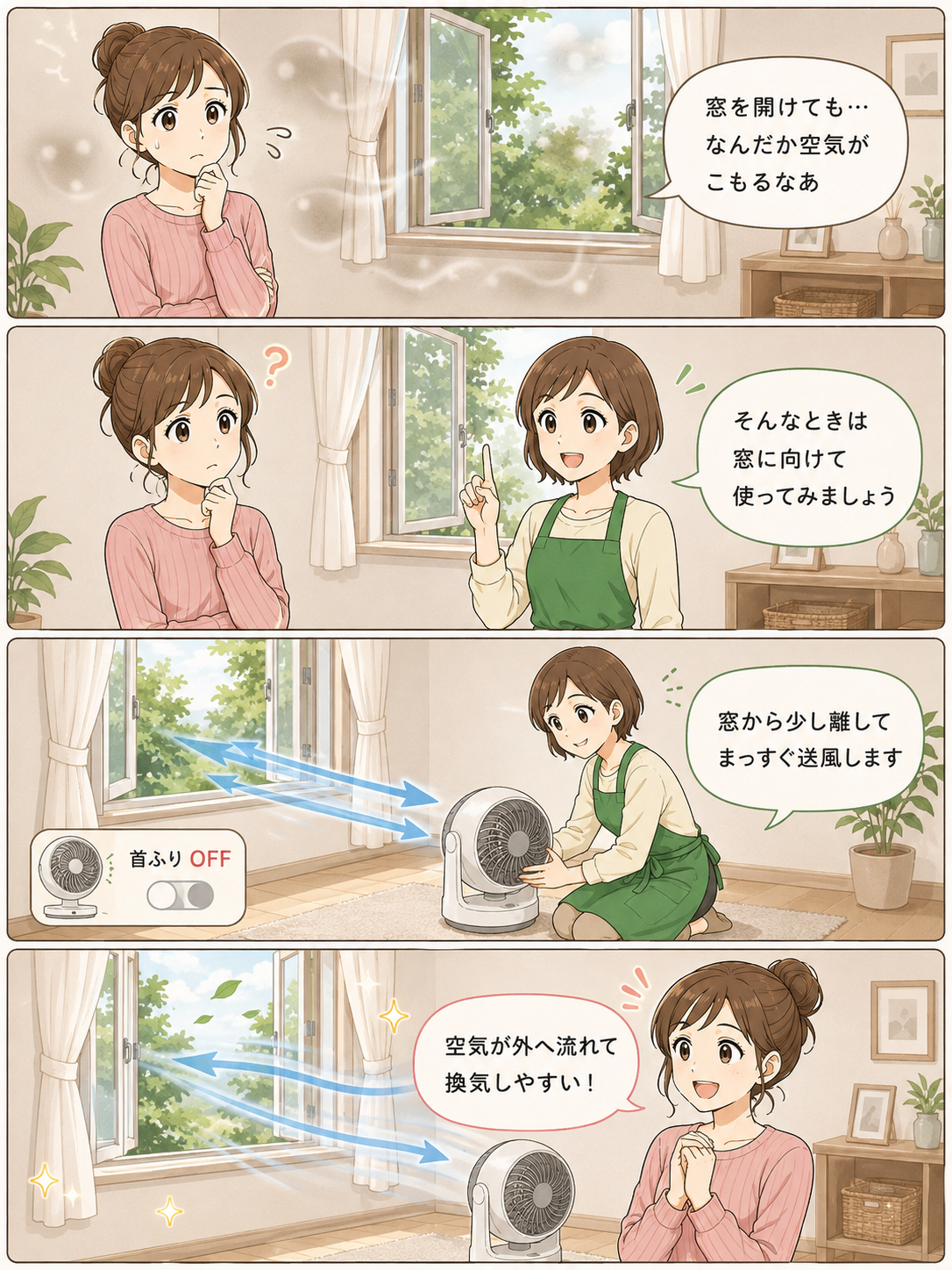 サーキュレーターを窓に向けて使い、室内の空気を外へ流す置き方を説明する4コママンガ