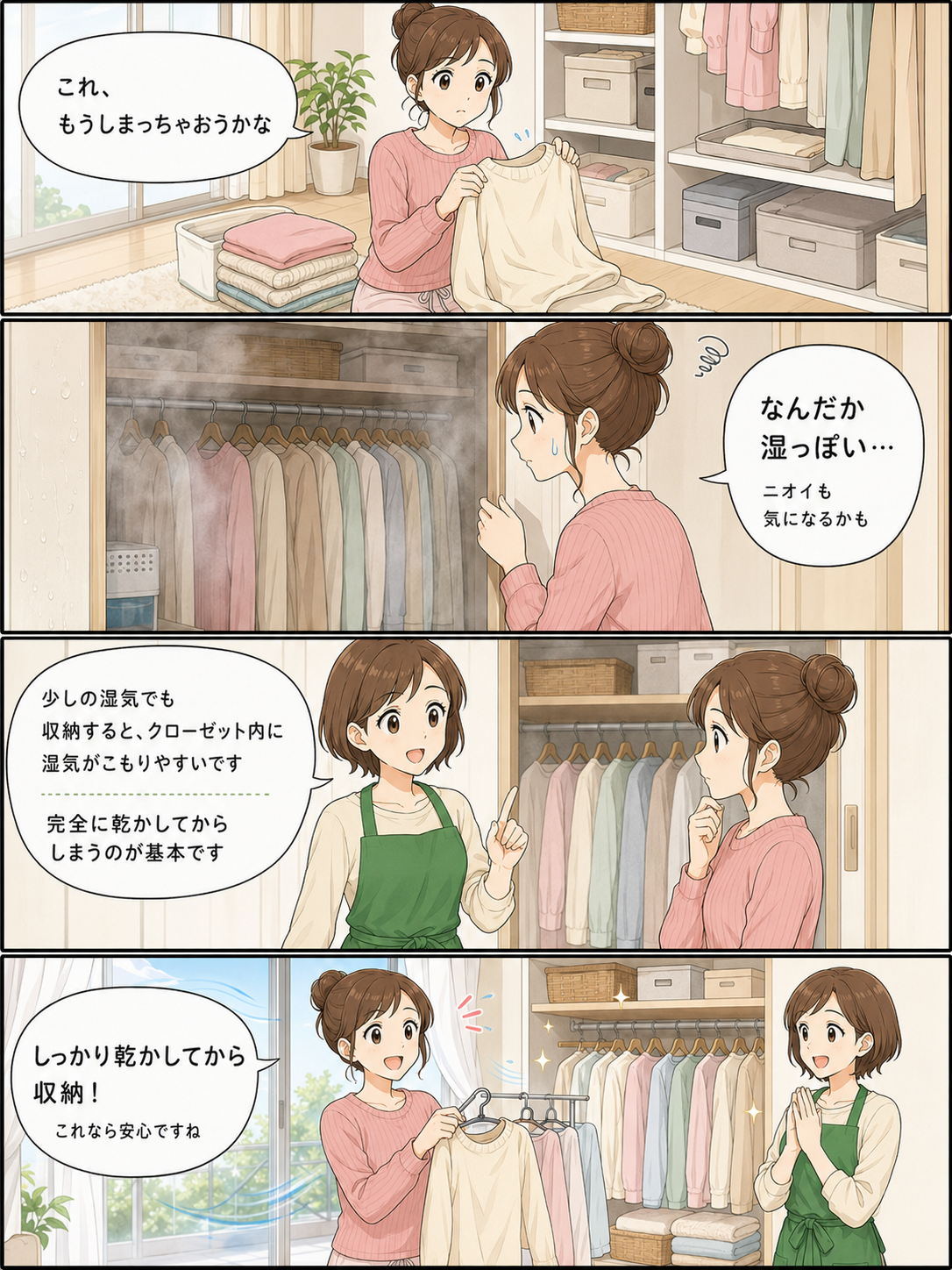湿気を含んだ衣類をそのまま収納せず、乾かしてから収納する流れを説明する4コママンガ