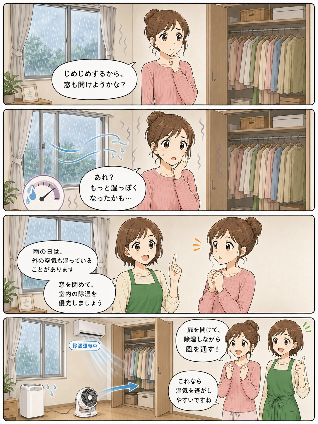 秋雨の日に窓を閉めて室内を除湿しながらクローゼットへ風を送る方法を説明する4コママンガ