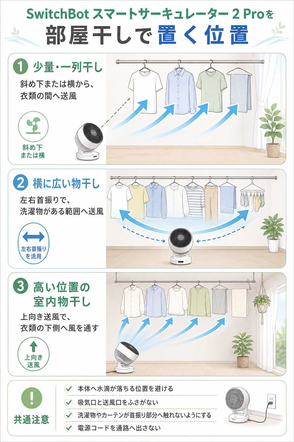 SwitchBot スマートサーキュレーター 2 Proを部屋干しで使う3つの配置例